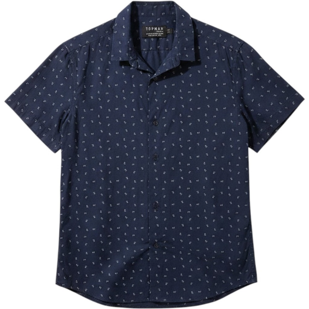 Topman Navy Short-Sleeve Button-Down Shirt with Micro Print